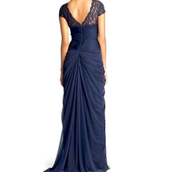 Adrianna Papell Ladies Formal Navy Ruche Small Cap Sleeve With Lace Size 4 EUC - Picture 3 of 16